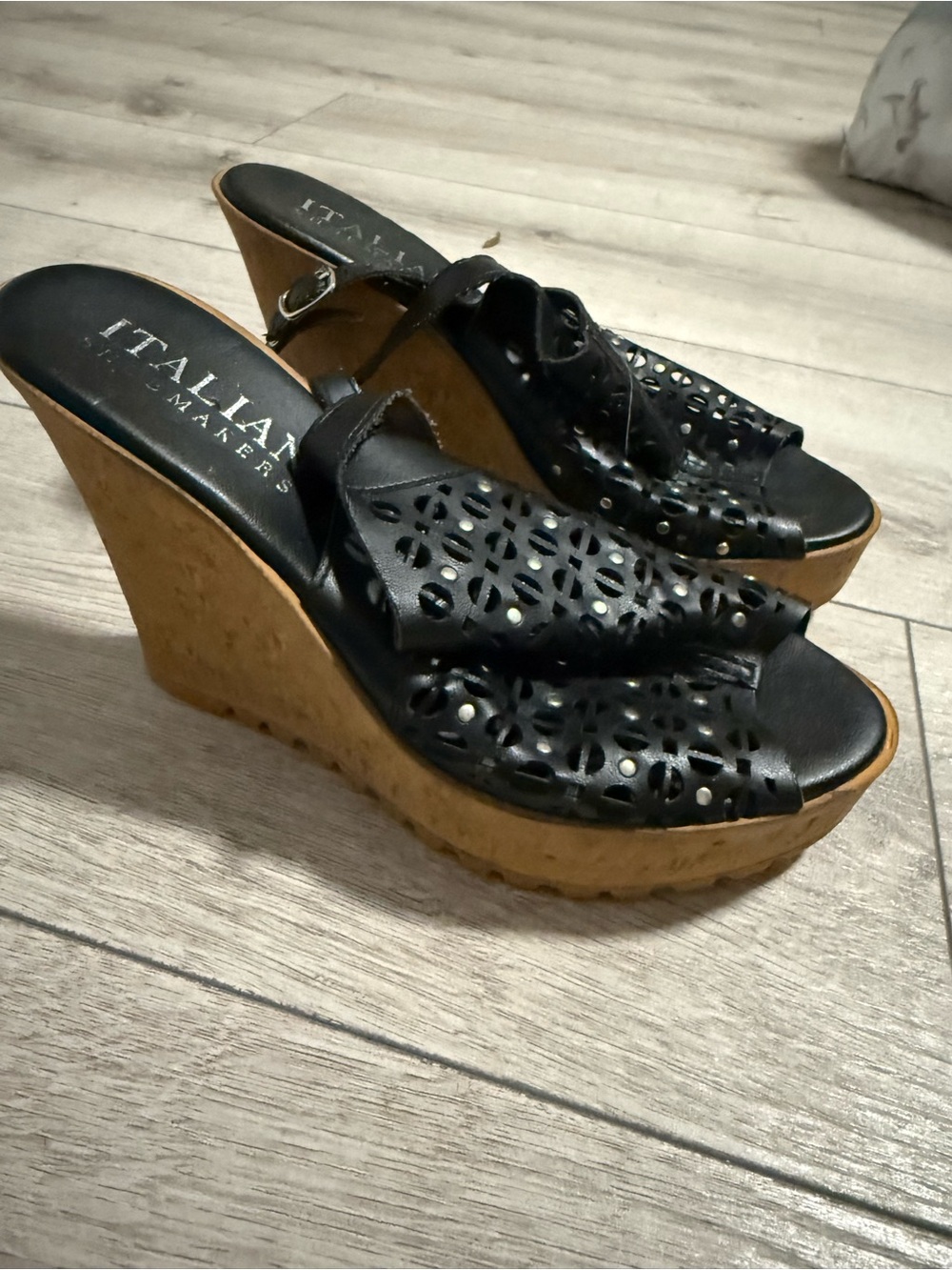 Italian Shoemakers Black Laser-Cut Cork Wedge Mules